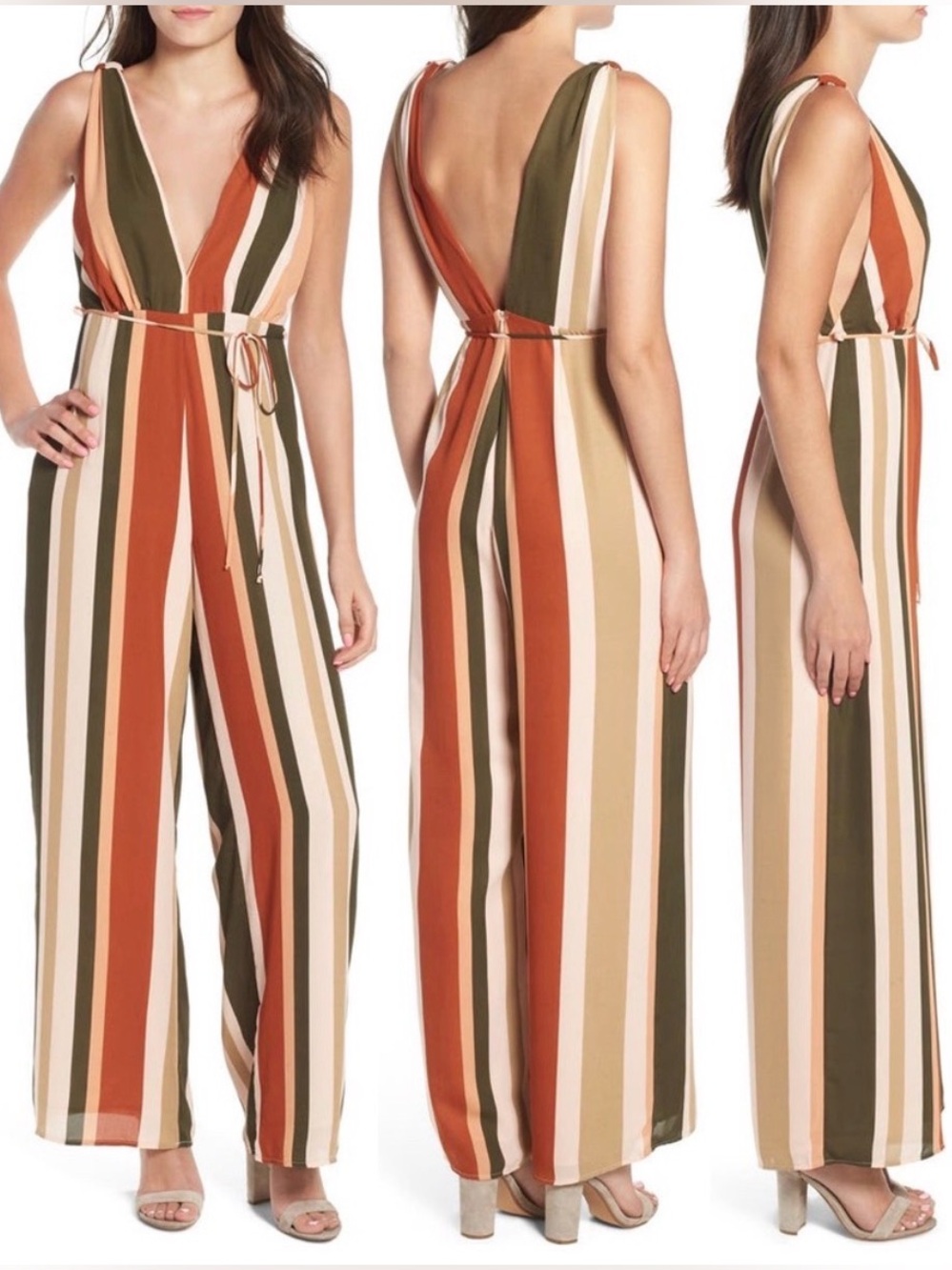 4SI3NNA Plunging Striped Wide Leg, Flare Jumpsuit